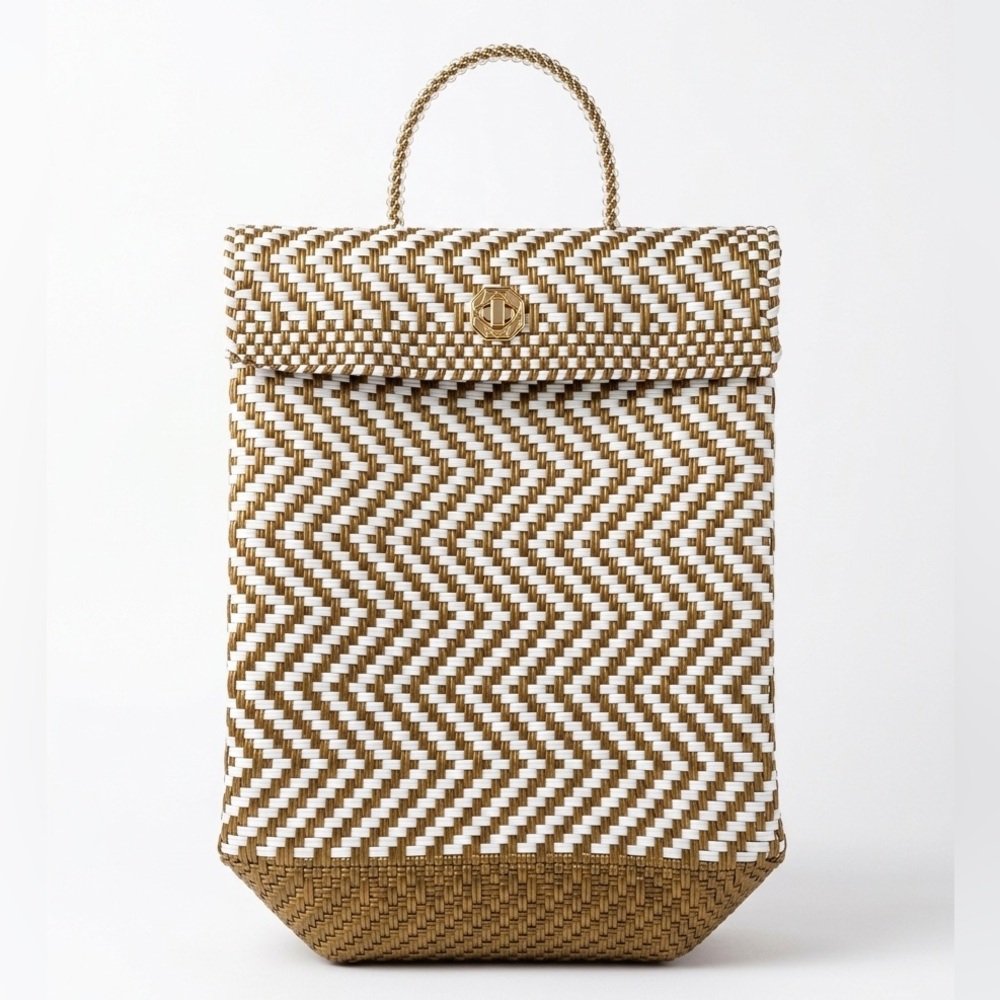 Woven Straw Chevron Backpack - White & Tan